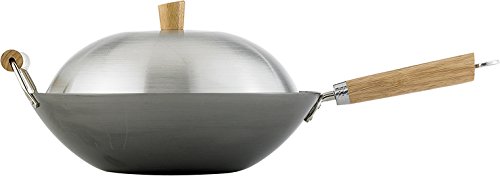 Helen's Asian Kitchen Helen Chen's Asian Kitchen Flat Bottom Wok, Carbon Steel with Lid and Stir Fry Spatula, Recipes Included, 14-inch, 4 Piece Set, 14 Inch, Silver/Gray/Natural