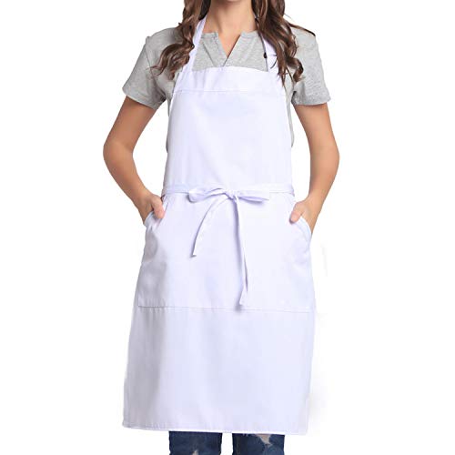 BIGHAS Adjustable Bib Apron with Pocket Extra Long Ties for Women Men, 18 Colors, Chef, Kitchen, Home, Restaurant, Cafe, Cooking, Baking (White)
