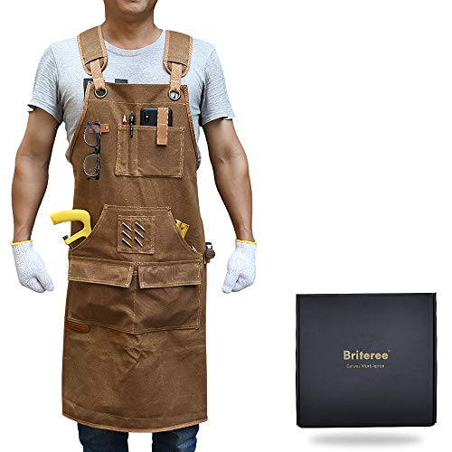 Briteree Woodworking Aprons for men, Gift for Woodworker, with 9 Tool Pockets, Durable Waxed Canvas