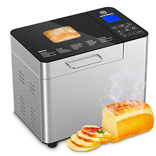 MOOSOO 25-in-1 Bread Machine , 2LB Stainless Steel Programmable Bread Maker Machine with Gluten-Free Setting, Bread Making Machine with Nonstick Ceramic Pot & Digital Touch Panel, Accessories Including 3 Kneading Paddles