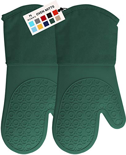 HOMWE Professional Silicone Oven Mitt, Oven Mitts with Quilted Liner, Heat Resistant Pot Holders, Flexible Oven Gloves, Green, 1 Pair, 13.7 Inch