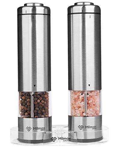 Milmax Electric Salt and Pepper Grinder Set with LED light – Stylish, Durable Stainless Steel Salt and Pepper Shakers – Powerful & Easy Battery Powered Pepper Mill / 6 Adjustable Coarseness Levels