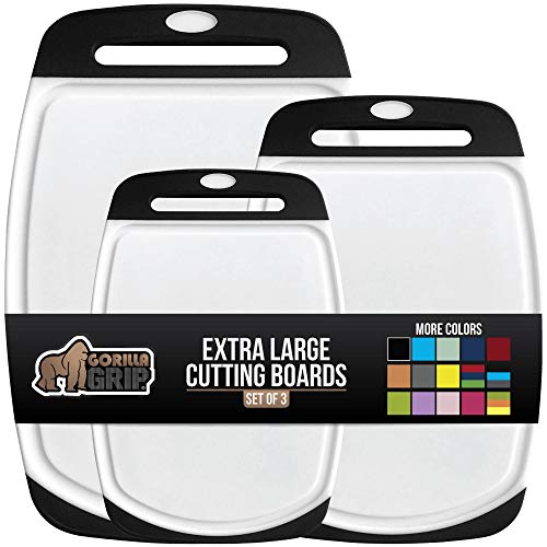 Gorilla Grip Original Oversized Cutting Board, 3 Piece, Perfect for the Dishwasher, Juice Grooves, Larger Thicker Boards, Easy Grip Handle, Non Porous, Extra Large, Kitchen, Set of 3, Black