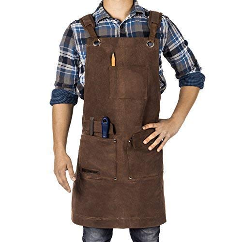Woodworking Apron, Heavy Duty Waxed Canvas Work Apron With Pockets - M-XL Shop Apron for Men with Double Stitching, and Comfy Design - Brown, Adjustable Back Straps Texas Canvas Wares
