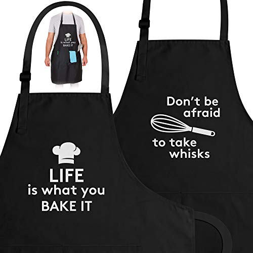 Zulay (2-Pack) Funny Aprons For Women, Men & Couples - Adjustable Universal Fit Cooking Apron - Black Apron With Pockets For BBQ, Baking, Painting, Wedding Gift & More - (Funny Cooking Puns)