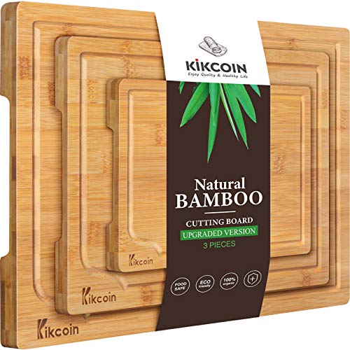 Bamboo Cutting Board, (3-Piece Set) Kitchen Chopping Board with Juice Groove and Handles Heavy Duty Serving Tray Organic Wood Butcher Block and Wooden Carving Board,Light Brown Kikcoin