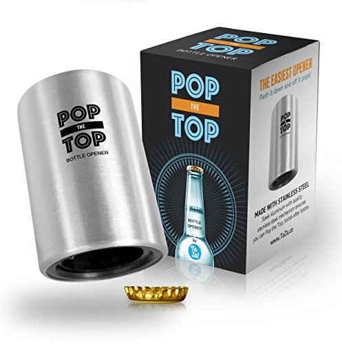 Pop-the-Top Beer Bottle Opener (Stainless): Push down, Pop off Bottlecaps with no Damage - by TaZa