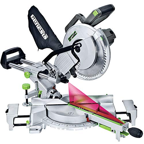 Genesis GMSDR1015LC 15 Amp 10" Sliding Compound Miter Saw with Laser Light, Electric Brake, Spindle Lock, Dust Bag, Extension Wings, and 60T Carbide-Tipped Blade