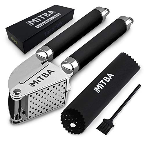 Garlic Press Best Professional Stainless Steel Gadget By MiTBA User Friendly Easy To Clean And Highly Durable. Silicone Tube Peeler Cleaning Brush Included