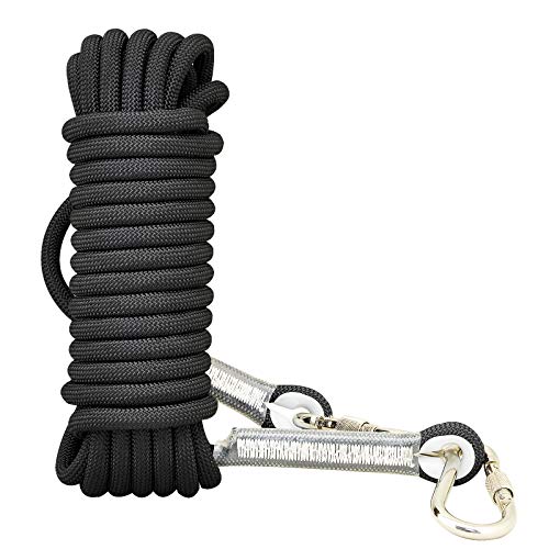 Syiswei Rock Climbing Rope 12MM, Upgraded Coating Carabiners Clips(10m,32ft)(20m,65ft) (30m,98ft) Static Outdoor Climbing Rope, Safety Rope Tree Swing Climbing Equipment Parachute Rope (Black, 10)