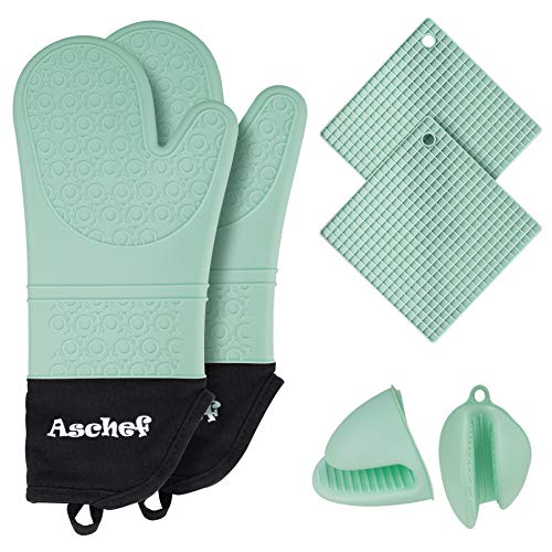 6in1 Silicone Oven Mitts Kit, Heavy Duty Cooking Gloves Kitchen Counter Safe Non-Slip Grip Textured Trivet Mats Advanced Heat Resistance Pinch Mitts w/ Soft Inner Lining for Cooking & Baking Grilling