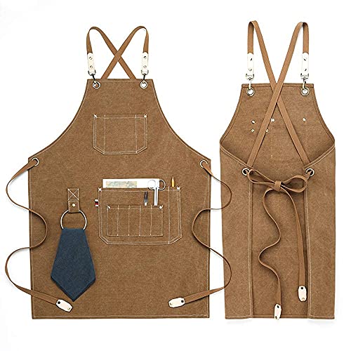 Chef Aprons, Kitchen Cooking Grilling Apron,Cotton Canvas Apron for Women and Men, Cross Back Apron and Large Pockets, Artist Apron,Birthday Gift, Adjustable M to XXL, khaki