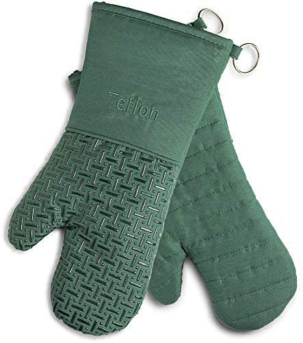 XLNT Extra Long Oven Mitts (Green) | Teflon Heat Resistant, Water Repellent Kitchen Gloves for Oven Cooking, Grill & BBQ | Non Slip Silicone Gloves with Eco Elite Coating, Cotton Lining & Hanging Loop